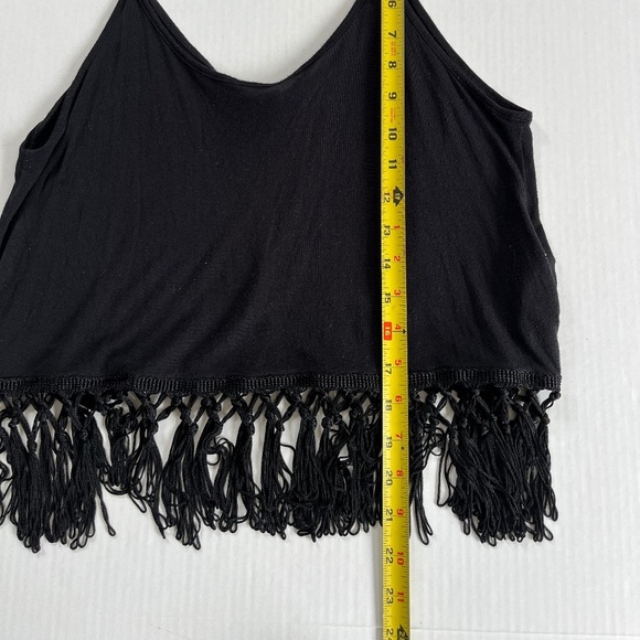 Forever 21 Sz L Black Spaghetti Strap Tank Top Pullover Stretch Fringe Hem - Picture 7 of 8